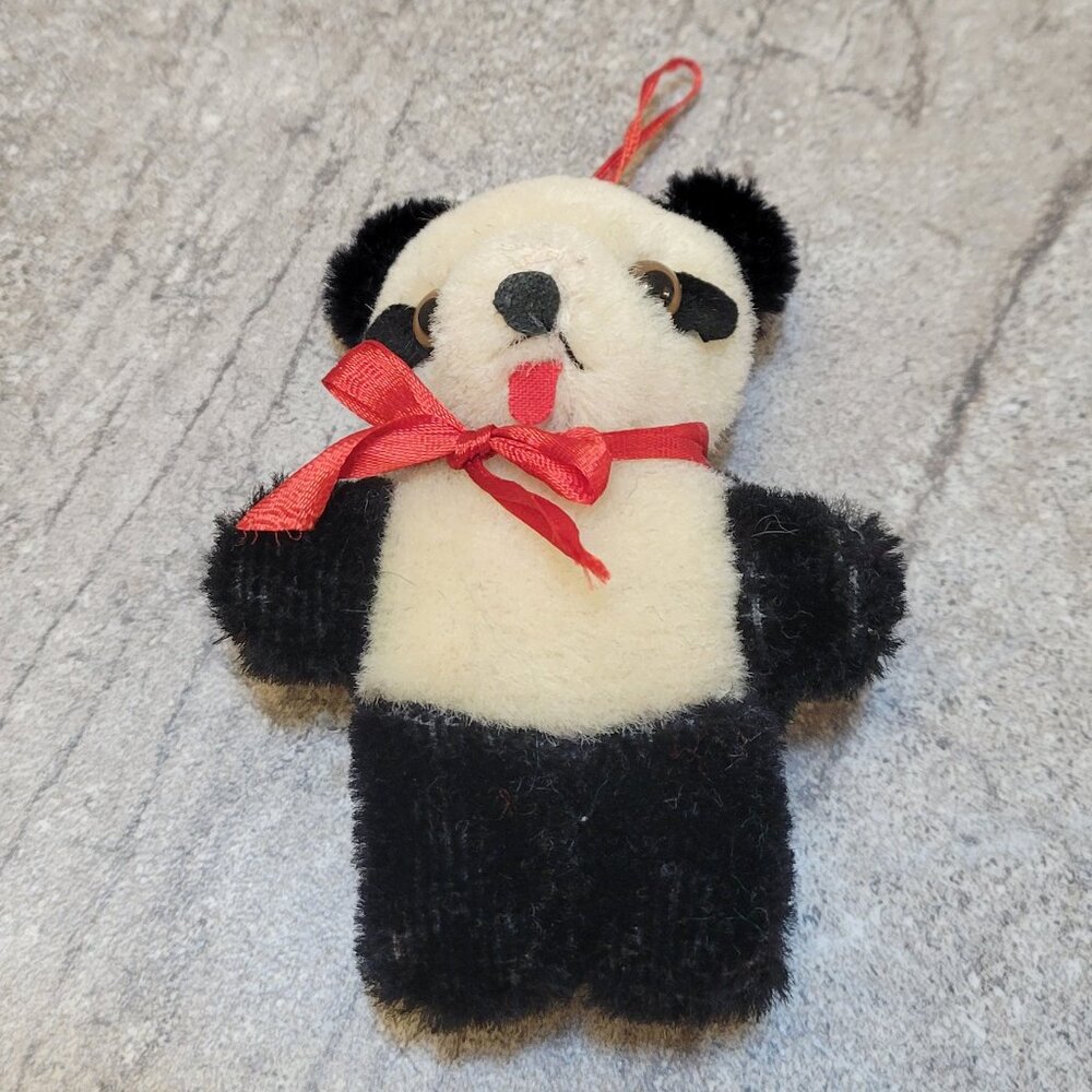 Vintage Mohair Stuffed Plush Panda Bear Christmas Ornament Red Bow Hanger 4"x3"